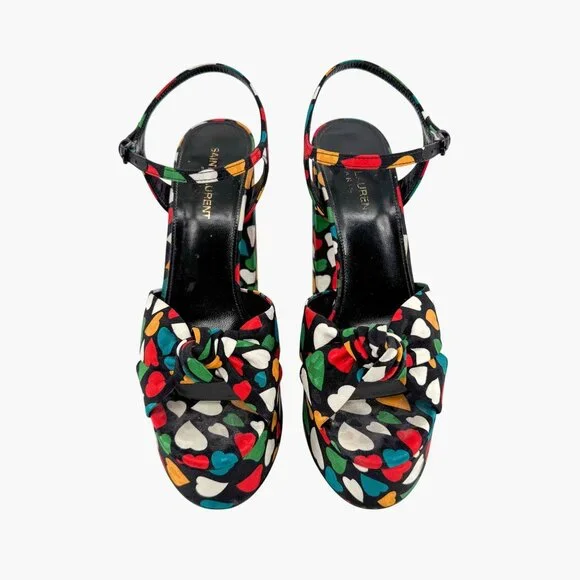 Saint Laurent Bianca Platform Sandals Size 38.5 US 8.5 Multicolor Heart Satin - Picture 2 of 14